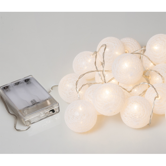 10Led Φωτάκια Σταθερά Με Μπάλες Cotton 6cm Μπατ. ΑΑ Με Θερμό Φωτ. 1,5Μ