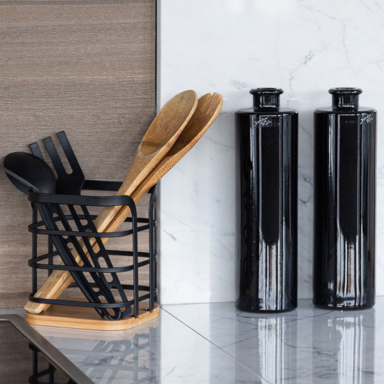 ΘΗΚΗ ΓΙΑ ΚΟΥΤΑΛΕΣ BAMBOO ESSENTIALS ΜΕΤΑΛΛΙΚΗ 12x12x14.5cm ΜΑΥΡΗ