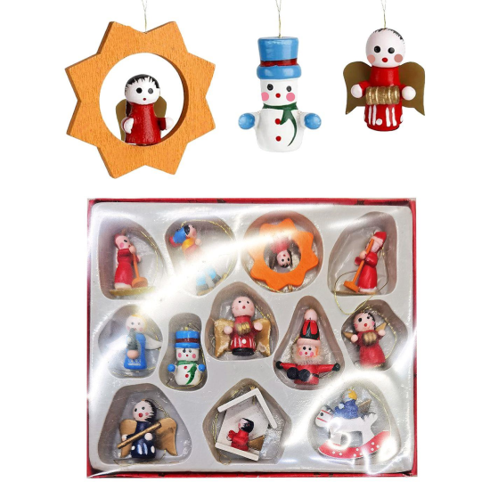 Ξύλινα Στολίδια σετ=12 τεμ Στολίδι=3,5cm, σετ=16x14cm