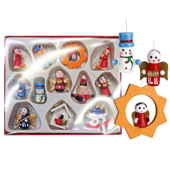 Ξύλινα Στολίδια σετ=12 τεμ Στολίδι=3,5cm, σετ=16x14cm